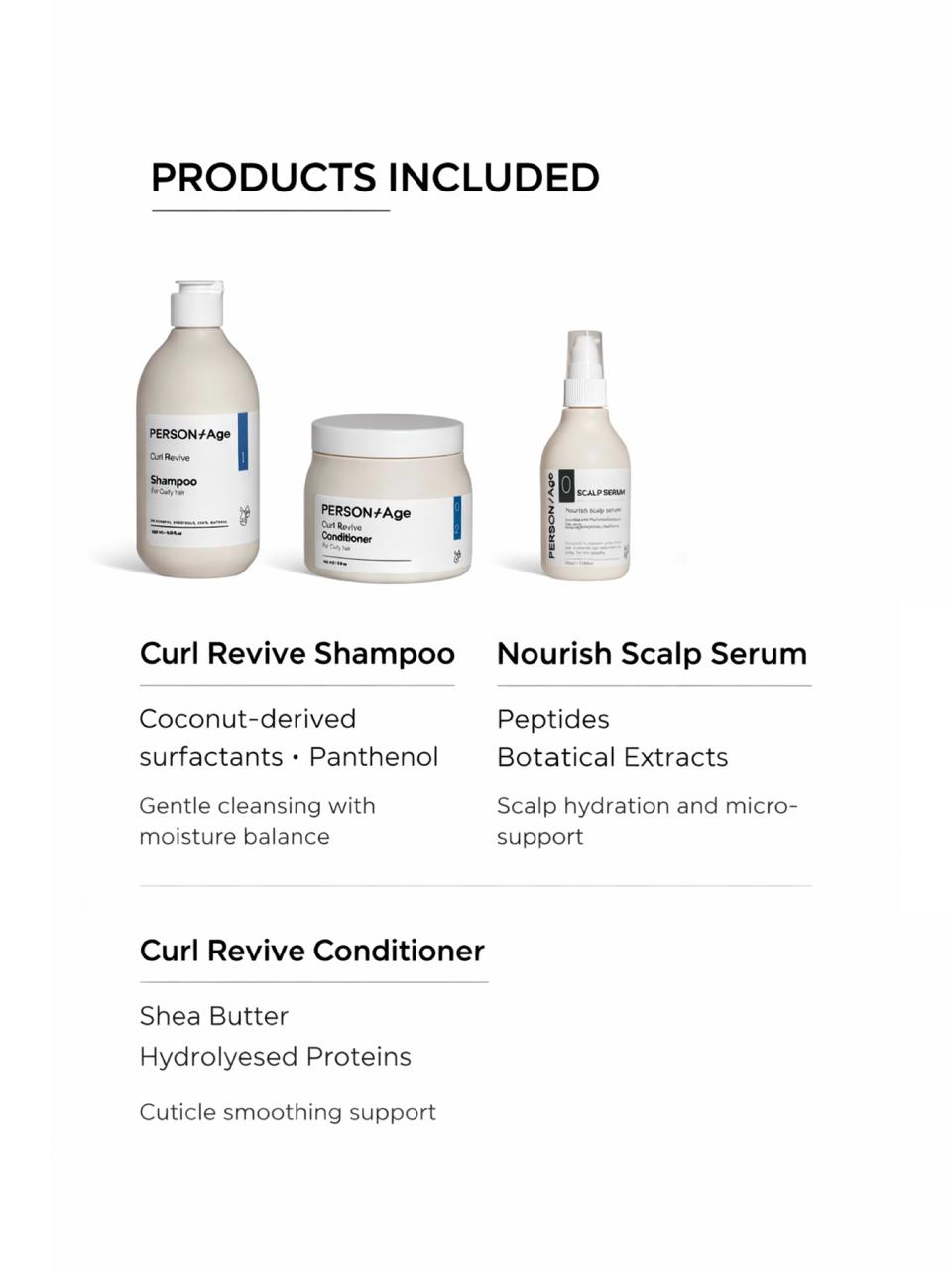 Three hair care products of CURL CARE & NOURISHMENT Ritual kit with labels and descriptions on a white background