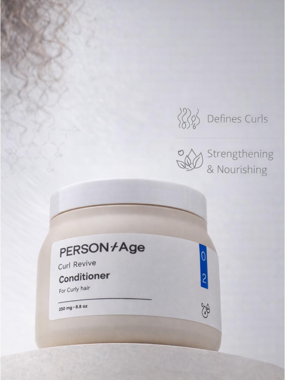 PersontAge Curl Revive Conditioner jar on a textured white background