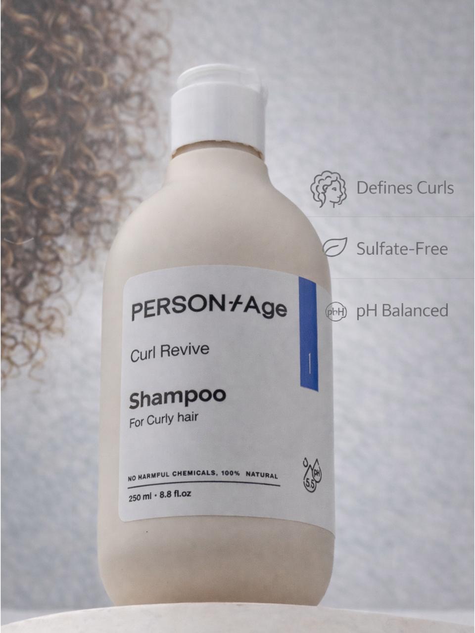 PersontAge Curl Revive Shampoo bottle with label on a neutral background