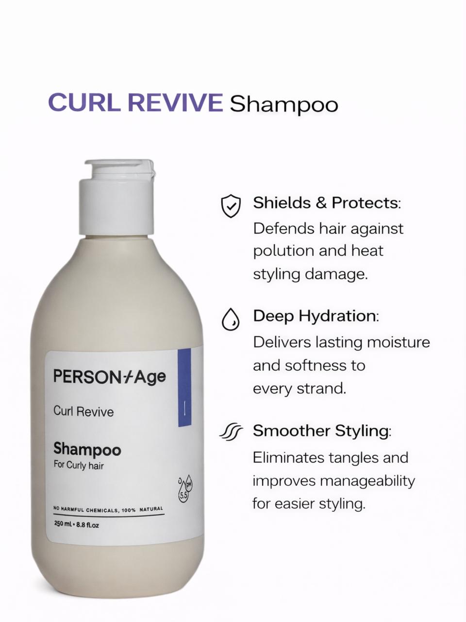 PersontAge Curl Revive Shampoo bottle with product features on a white background
