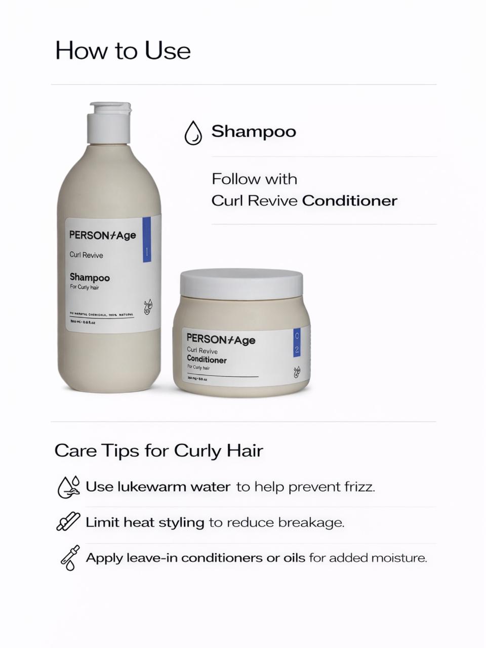 PersontAge Shampoo and Curl Revive Conditioner bottles with usage instructions on a white background