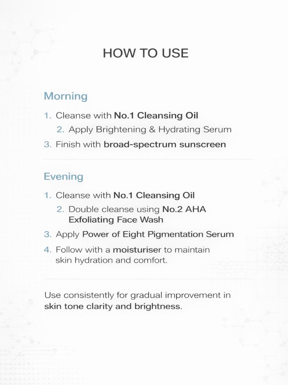 Step-by-step  brightening skincare routine instructions on a white background