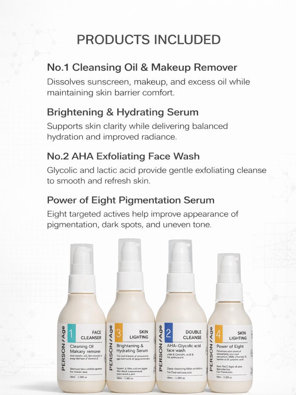 Set of skincare products with text describing their functions on a white background