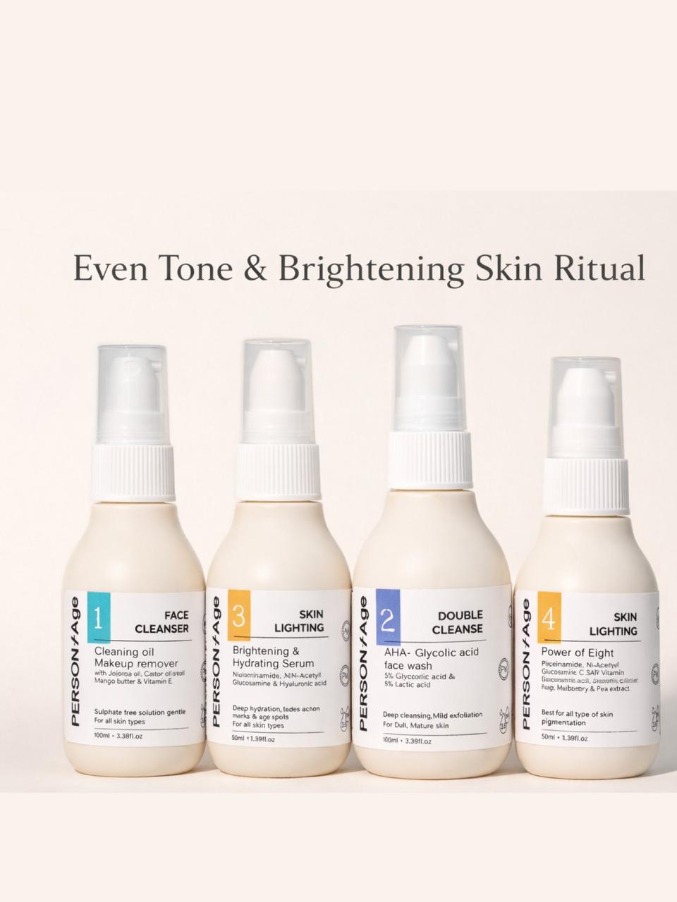 Set of skincare brightening products with labels on a white background