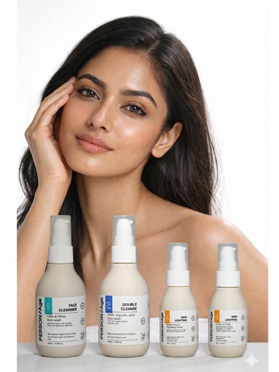 Woman with brightening skincare products on a white background