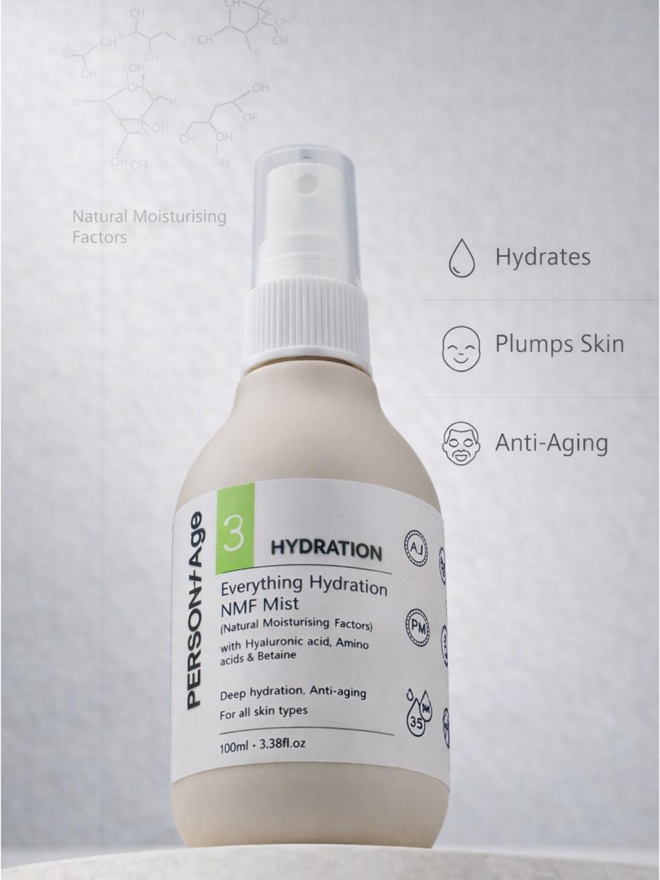 Persontage EVERYTHING HYDRATION – NMF Hydration Mist - Skincare bottle labeled 'Everything Hydration NMF Mist' with text indicating its benefits on a light gray background.