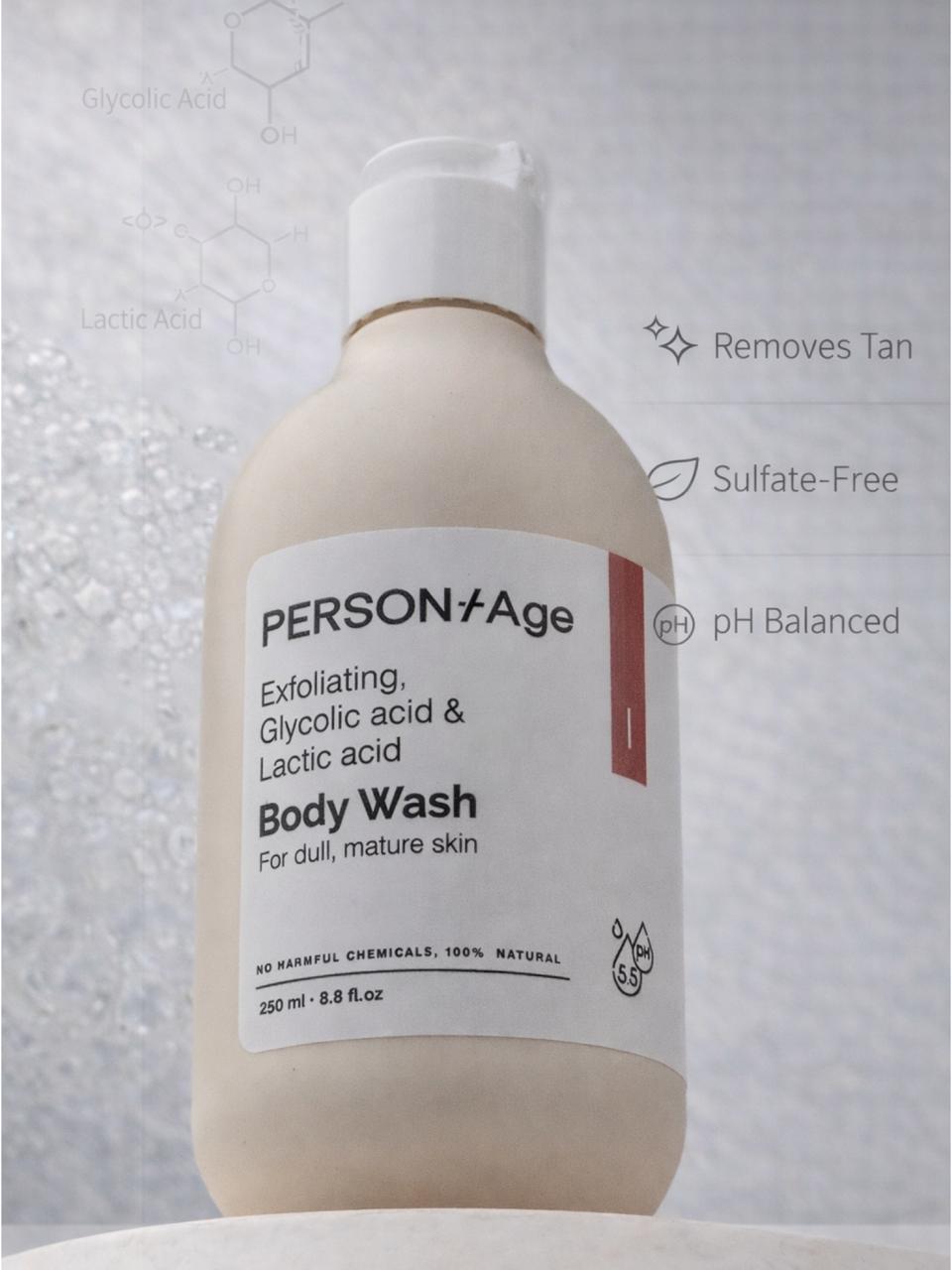 Body wash bottle labeled 'PERSONTAge EXFOLIATING Body Wash  on a gray background