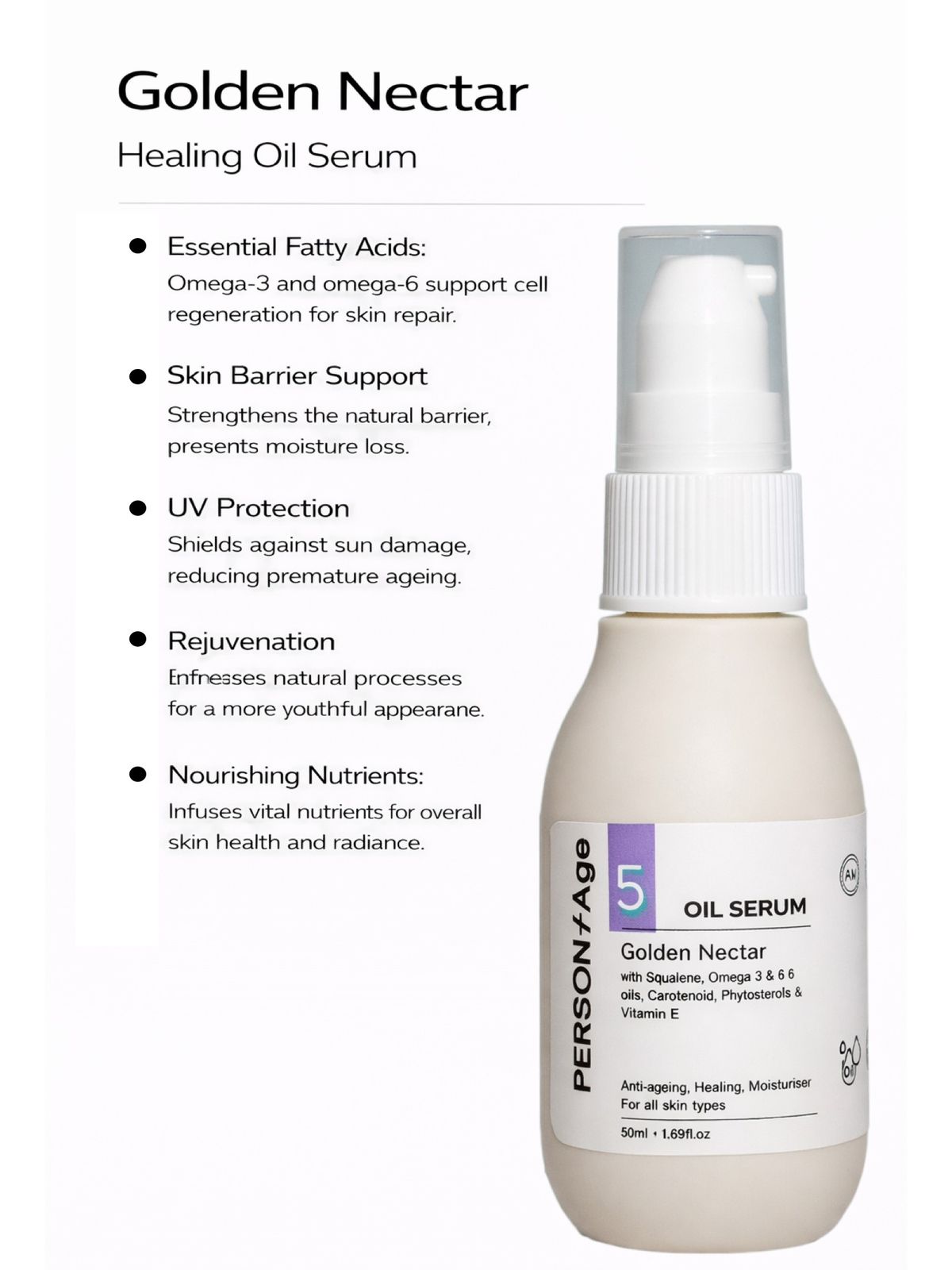 Persontage Golden Nectar Healing Oil Serum with product details on a white background