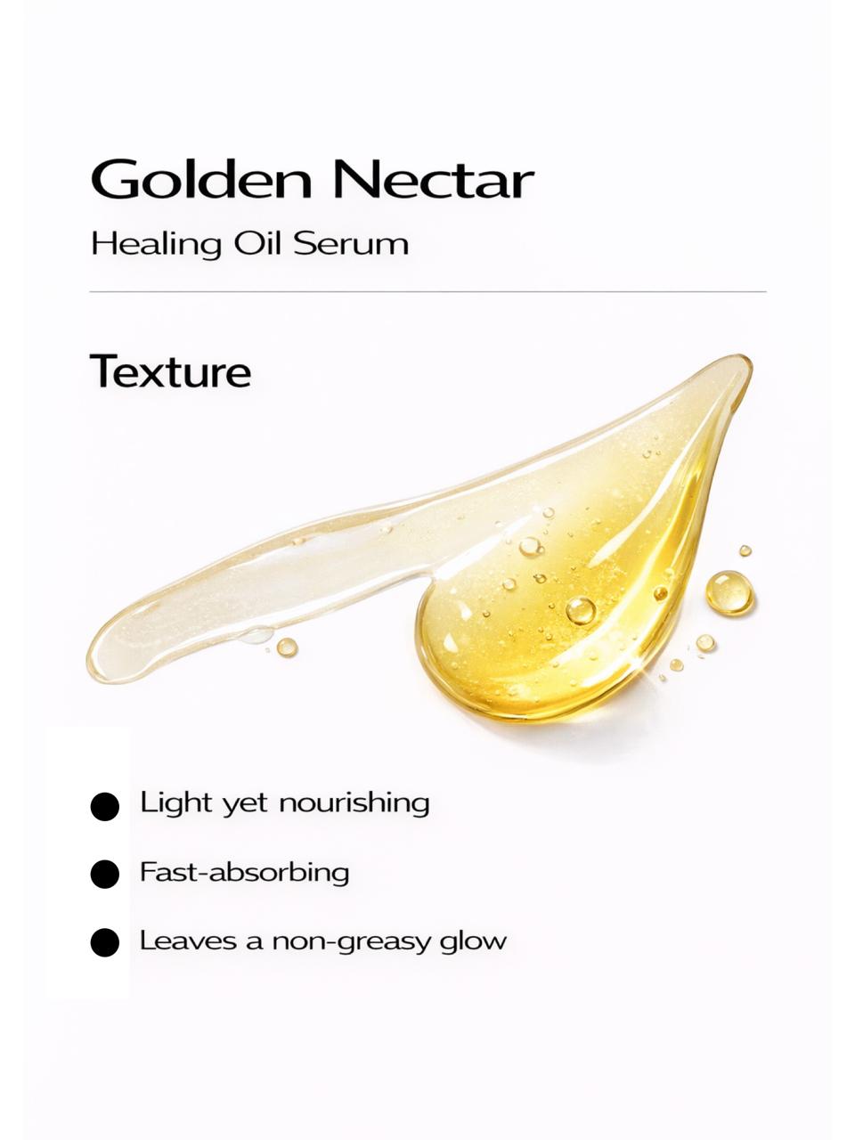 Texture of  Persontage Golden Nectar Healing Oil Serum with a droplet of oil on a white background.