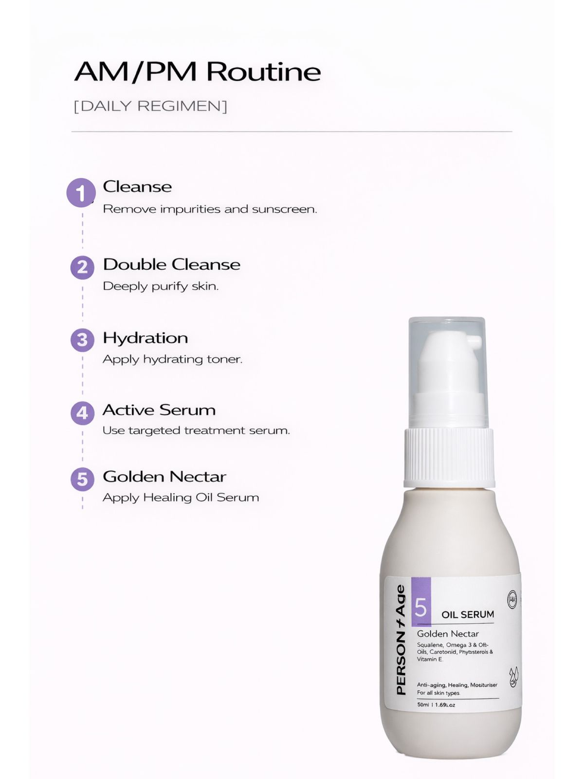 Persontage GOLDEN NECTAR oil serum - Skincare routine diagram with a bottle of Golden Nectar serum on a white background
