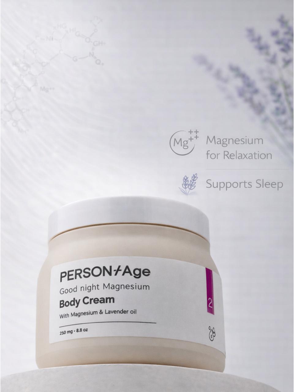 PersontAge Good Night Magnesium Body Cream jar with lavender background