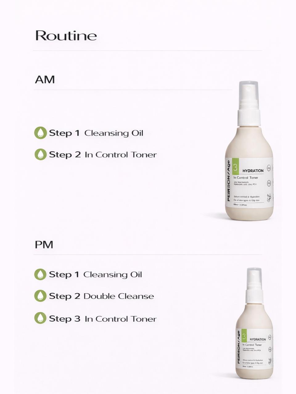 Persontage IN CONTROL – Oil Balance & Pore Care Toner - Skincare routine with cleansing oil and toner bottles on a white background