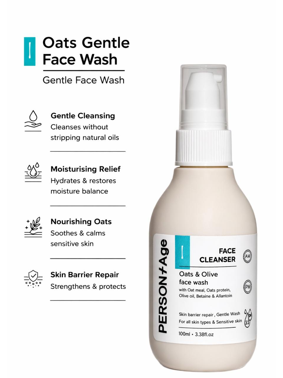 PersontAge Oats Gentle Face Wash bottle with product details on a white background