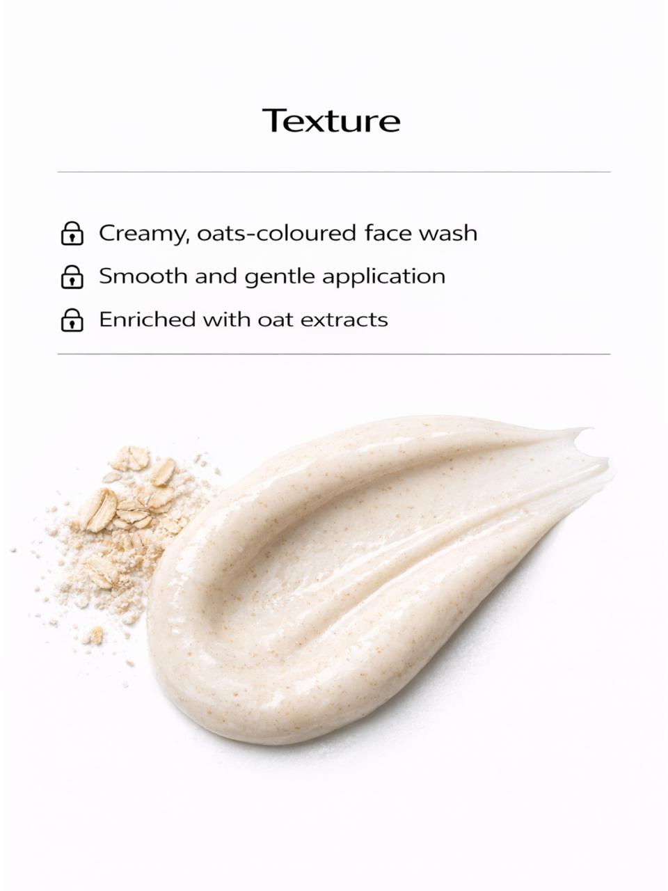 Persontage OATS & OLIVE Face Wash Creamy face wash with oats on a white background, labeled as 'Texture' with product details.