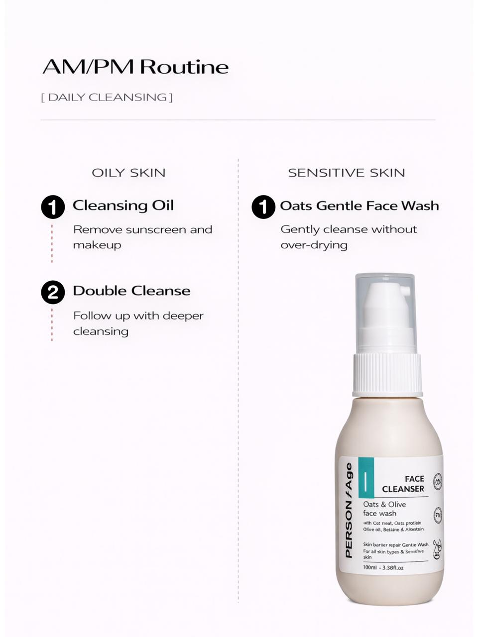 Persontage OATS & OLIVE Face Wash Skincare routine guide with cleansing oil and face wash on a white background