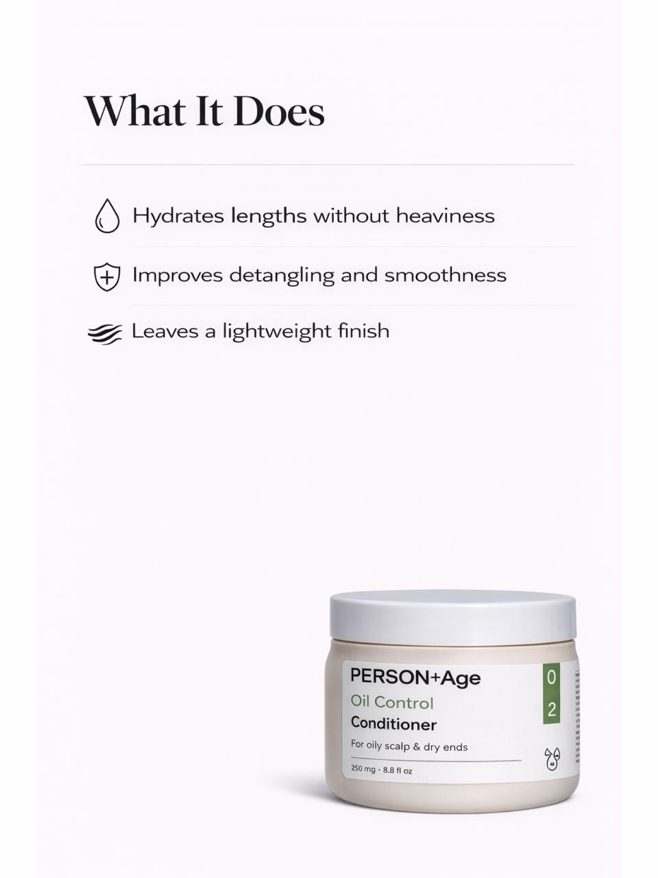 PersontAge Oil Control Conditioner jar with product benefits on a white background