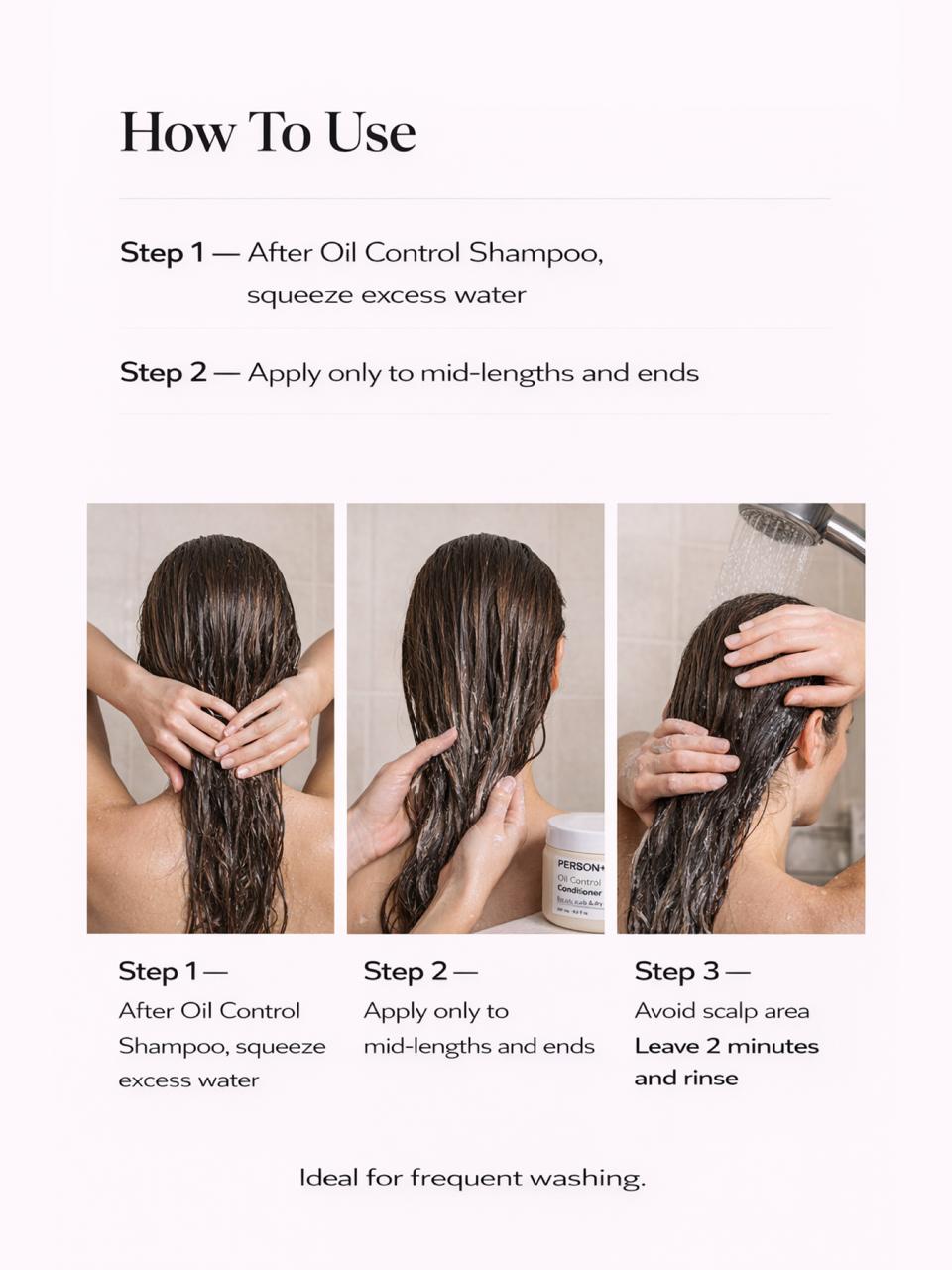  Persontage OIL CONTROL Conditioner Instructions on how to use a hair product with three steps shown.