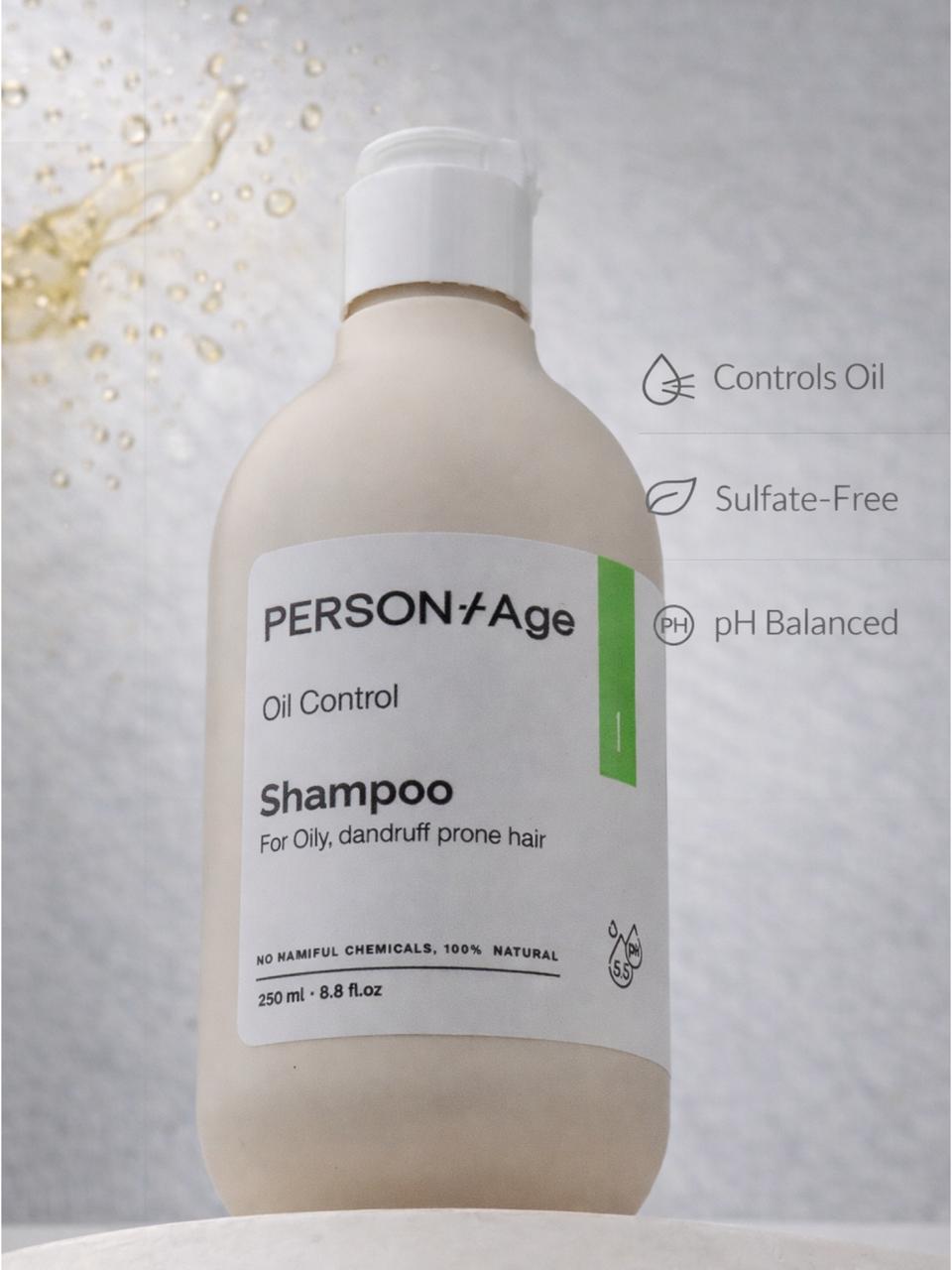 Shampoo bottle labeled 'PERSONTAge' on a gray background with product features listed.