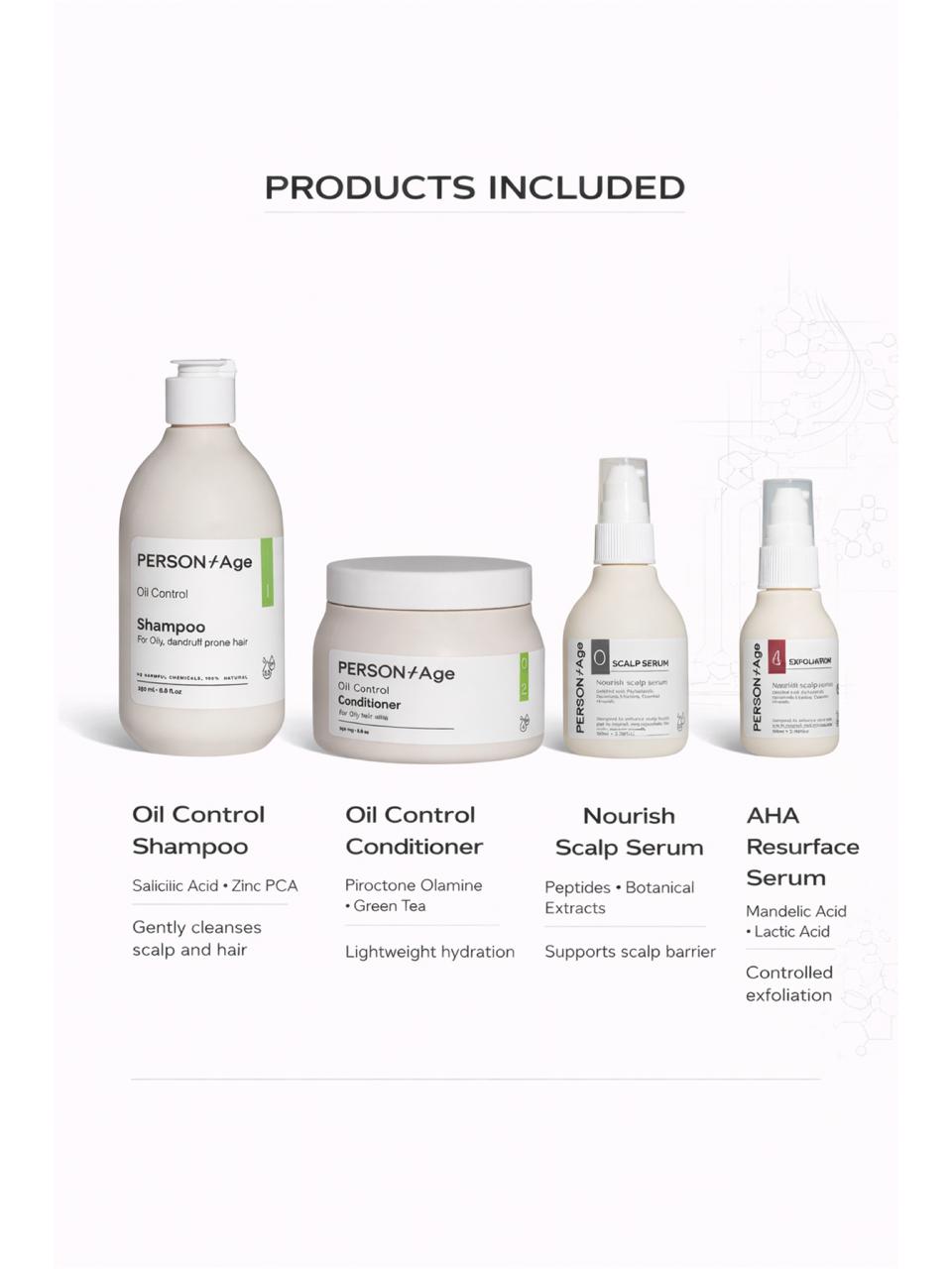 Set of Hair care - SEBUM CONTROL, Scalp Freshness Ritual kit products including shampoo, conditioner, serum, and cleanser on a white background.