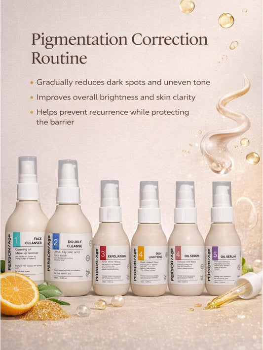 Skincare product set with bottles labeled 1 to 6 of ANTI-PIGMENTATION ROUTINE – Skin Lightening Routine Kit, on a beige background, featuring text about pigmentation correction routine.