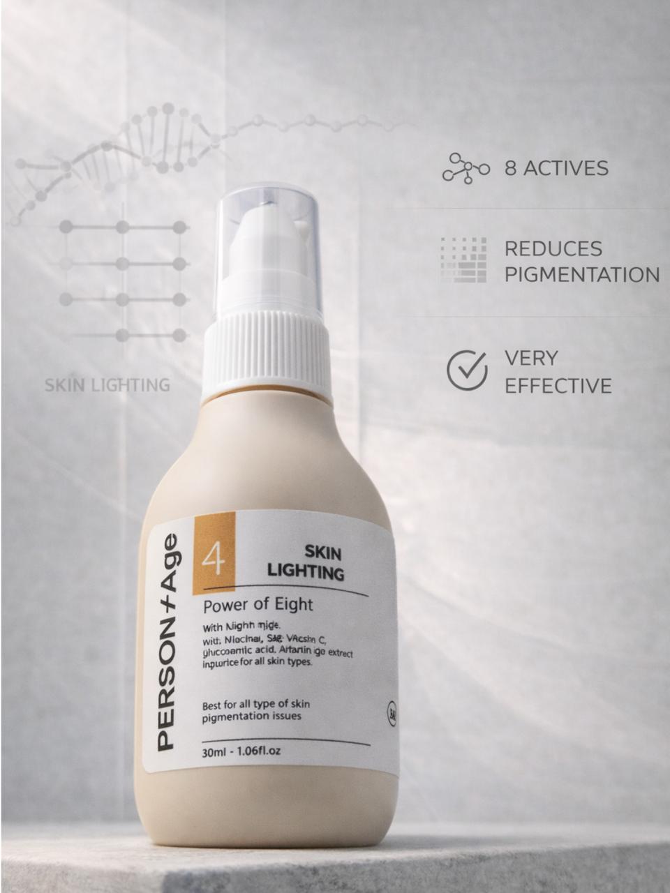 Perosntage POWER OF 8 – Pigmentation Correcting Serum - Skincare bottle labeled 'Personn'Age Skin Lighting' on a light gray background