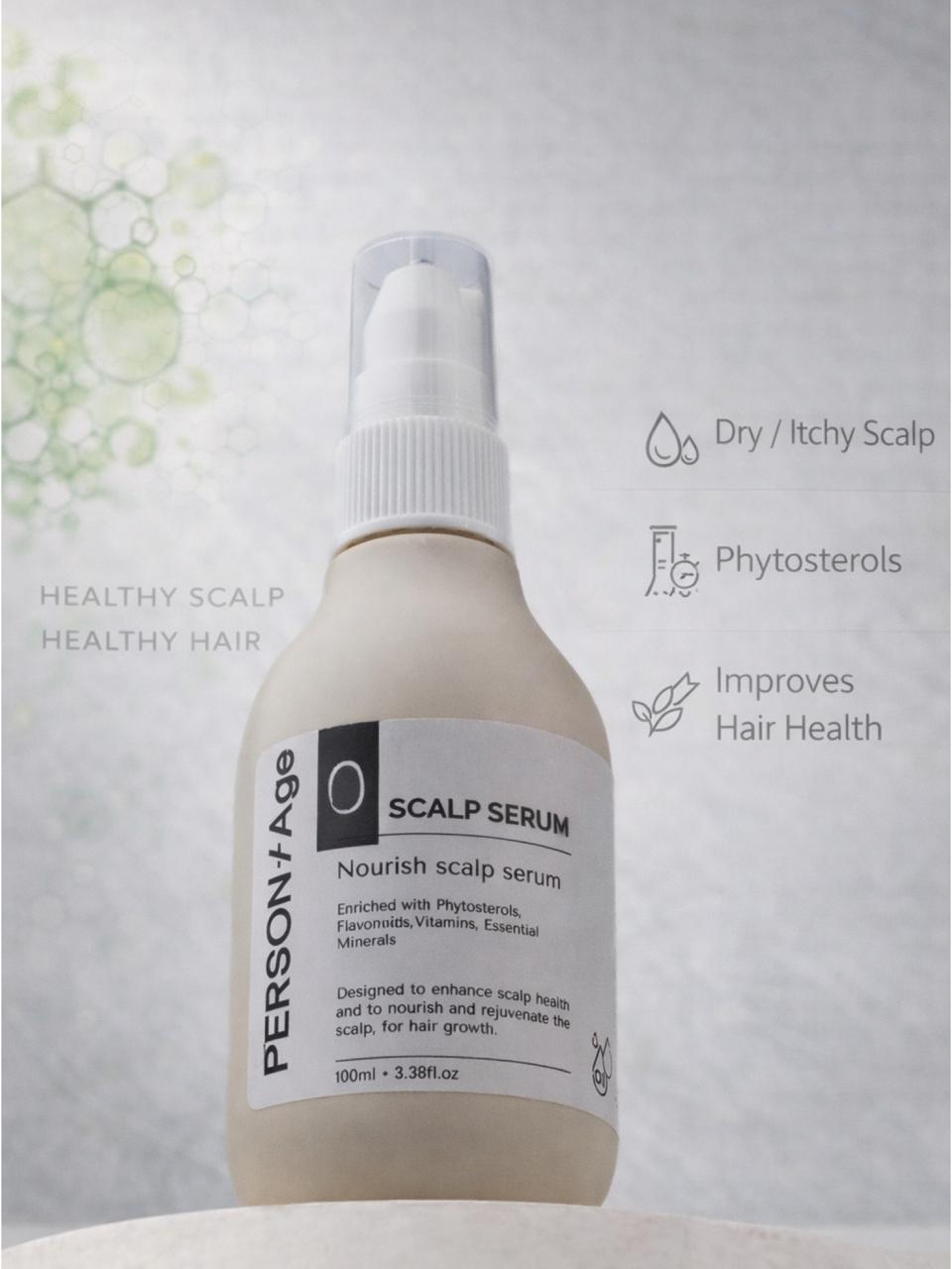 PersontAge Nourish scalp serum bottle with text on a light gray background