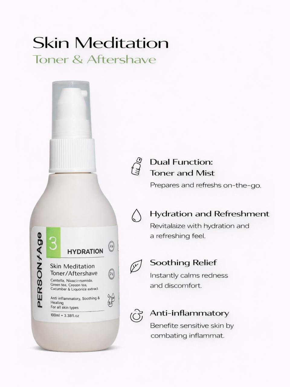 PersontAge Skin Meditation Toner & Aftershave bottle with product features on a white background