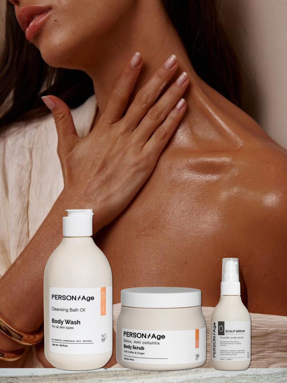 DETOX  SPA Bath Ritual Kit. - PersontAge skincare products on a surface with a woman touching her neck in the background