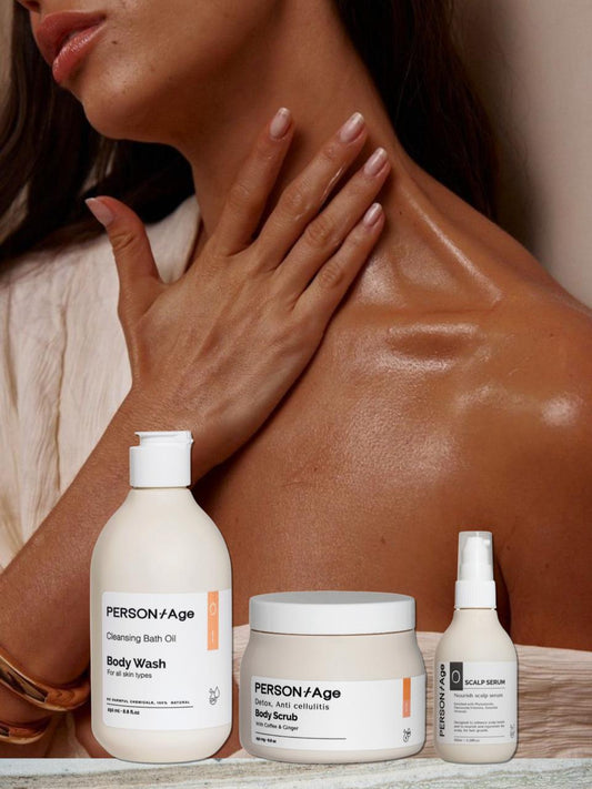DETOX  SPA Bath Ritual Kit. - PersontAge skincare products on a surface with a woman touching her neck in the background