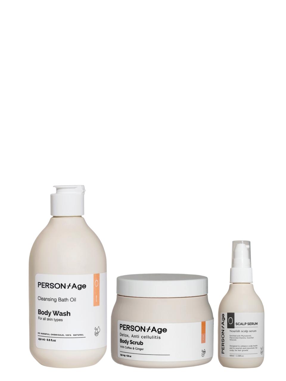Three PERSON/AGE skincare products, DETOX  SPA Bath Ritual Kit, on a white background