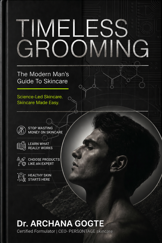"Timeless Grooming men's skincare book by Dr Archana Gogte." Google reads alt text; it's a free ranking signal most people leave blank.