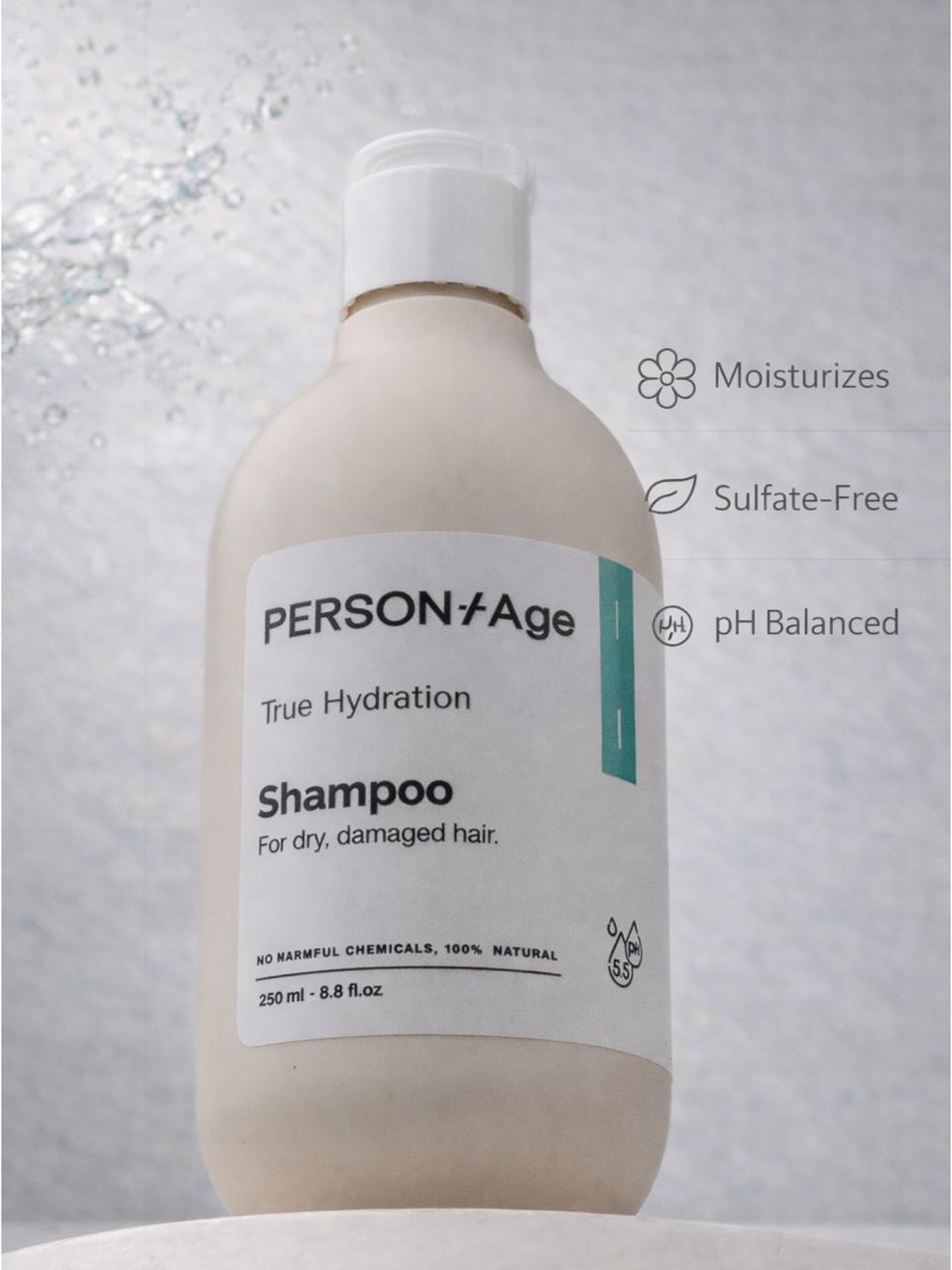PersontAge  TRUE HYDRATION shampoo bottle with label on a light gray background